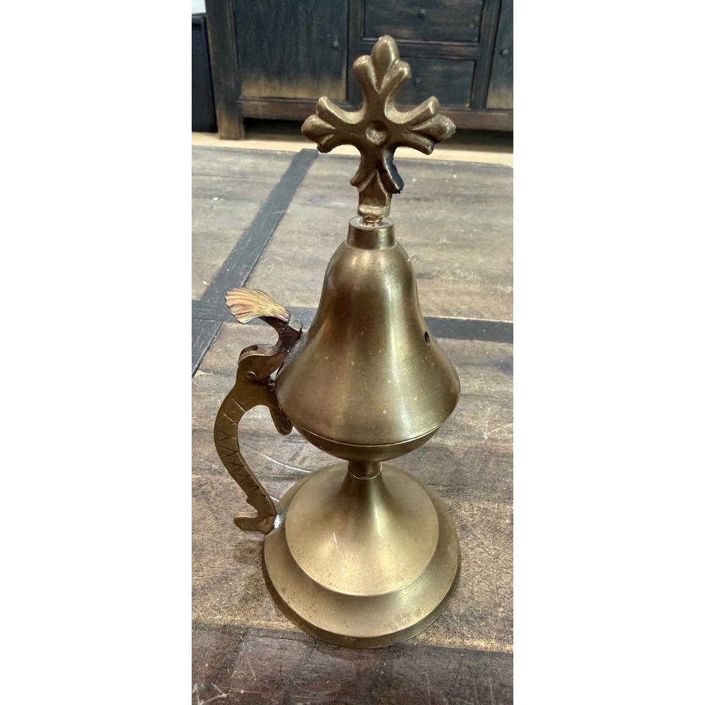 Vintage Brass Incense Burner with Cross Finial and Handle Religious Censer